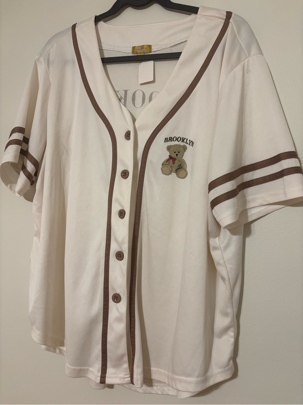 Brooklyn Teddy Embroidered Cream Baseball-Style Women's Top